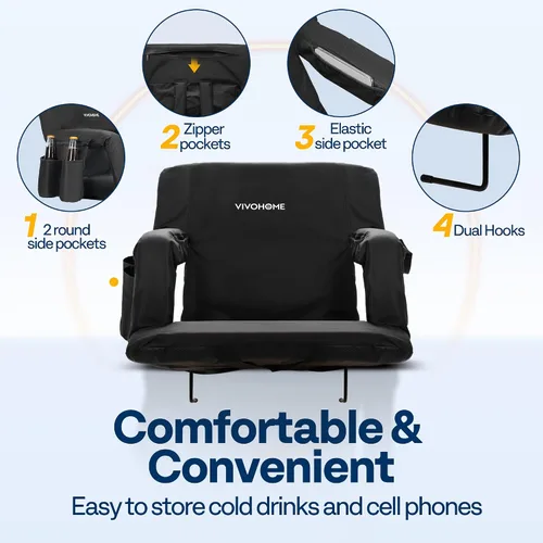 Vista 6 de VIVOHOME Asientos reclinables para estadio con respaldo y cojín, paquete de 2 sillas acolchadas portátiles con reposabrazos y soporte para tazas