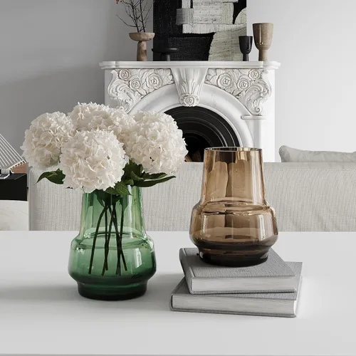 Vista 4 de Relexome Jarrón de cristal ámbar con diseño moderno, jarrón decorativo de boca ancha marrón, regalo para decoración del hogar, sala de estar, mesa