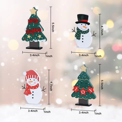 Vista 3 de DECSPAS Decoraciones navideñas para interiores, 4 piezas de árboles de Navidad de madera y muñecos de nieve para decoración de mesa de centro