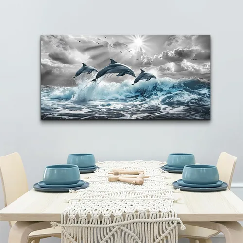 Vista 3 de Lapremoly Decoración de pared para sala de estar, arte de pared grande para dormitorio, olas azules del mar, ilustraciones de pared, oficina