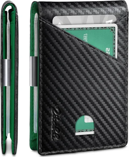 Vista 10 de Zitahli Cartera delgada para hombre, bloqueo RFID de cuero plegable con Caballo Loco Bicolor Negro