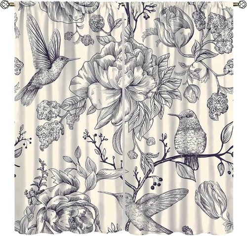 Vista 14 de Cortinas opacas de flores de colibrí, para dormitorio y sala de estar, diseño estético rústico y moderno, juego de 2 paneles, 42 x 45 pulgadas