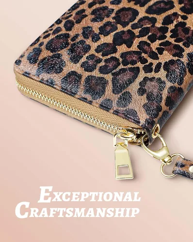 Vista 4 de Yarnic Cartera de leopardo para mujer con tarjetero de crédito, bolsillos para dinero, correa de pulsera, carteras con clip para monedas, monedero