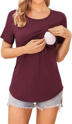 Vista 4 de Ekouaer Camisetas de maternidad para mujer, manga corta, paquete de 3 camisetas de lactancia materna de doble capa, ropa de embarazo, tallas S-XXL