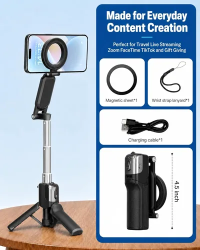 Vista 8 de Mini trípode magnético para selfie stick para iPhone y Android, tamaño de bolsillo de 19 pulgadas, agarre de cámara de teléfono 4 en 1 con control