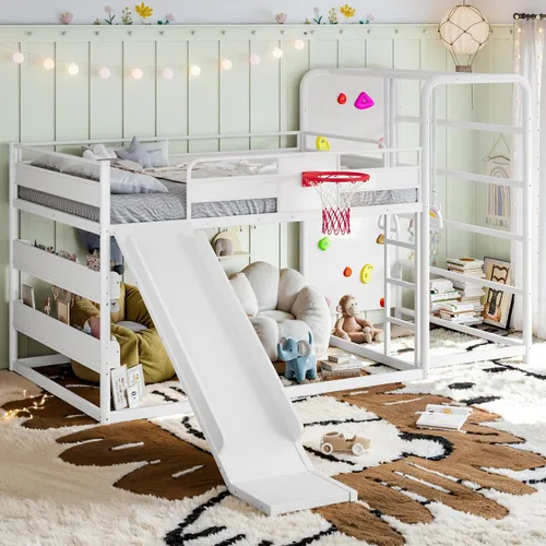 Vista 11 de Polibi Twin Metal Loft Bunk Bed with Basketball Hoop, Slide, Climbing Wall Loft Bed With Climbing Wall, Slide, Rings, And Bookshelves. A Fun Black