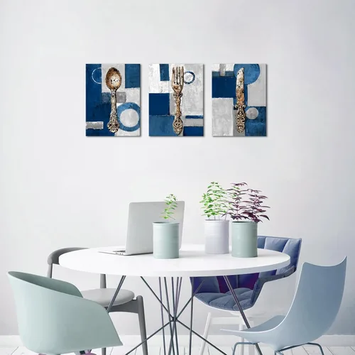 Vista 2 de sechars Cuadro de Cocina Vintage con Tenedor, Cuchillo y Cuchara en Azul y Gris, Pintura en Lienzo, Utensilios de Cocina, Impresión de Cuadro
