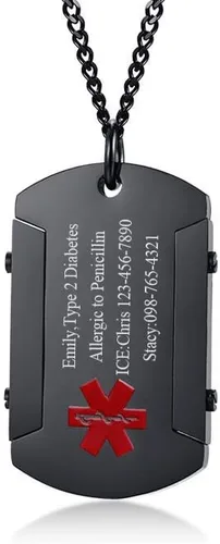 Vista 111 de VNOX Collar con colgante personalizado de acero inoxidable con grabado personalizado para identificación de alerta médica de emergencia para hombres