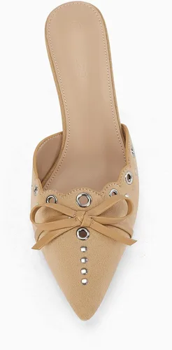 Vista 7 de Coutgo Zapatos de tacón de tacón puntiagudo con pajarita para mujer, con tachuelas, sin espalda, zapatos de tacón de aguja para vestir
