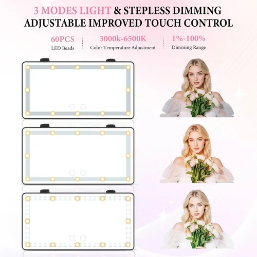 Vista 2 de SINGARO Espejo de tocador con visera solar para automóvil, espejo de maquillaje recargable con 60 LED, 3 modos de luz y control táctil regulable