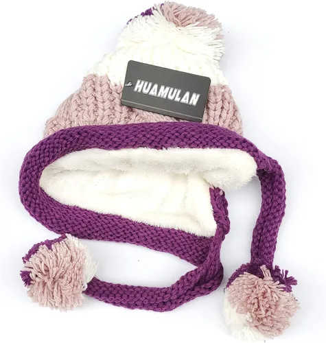 Vista 2 de HUAMULAN - Gorro de invierno para mujer estilo peruano con forro polar, solapas para orejas, doble capa, con pompones