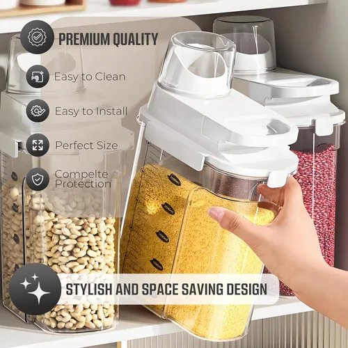 Vista 3 de Recipientes herméticos para cereales con boquilla de vertido y taza medidora, dispensador de cereales de plástico sin BPA de 1.8L para arroz