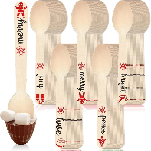 Vista 7 de Hoolerry 300 cucharas de madera desechables de 5.5 pulgadas, cucharas de Navidad, cucharas de chocolate caliente para degustar cacao caliente, café