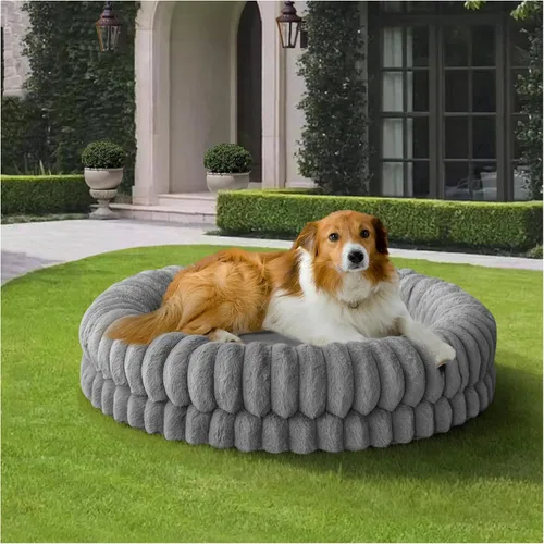Vista 13 de BALANCE Cama de lujo para perros en forma de dona, camas redondas de 24 pulgadas para perros pequeños, lavable, cama ortopédica calmante para Gris