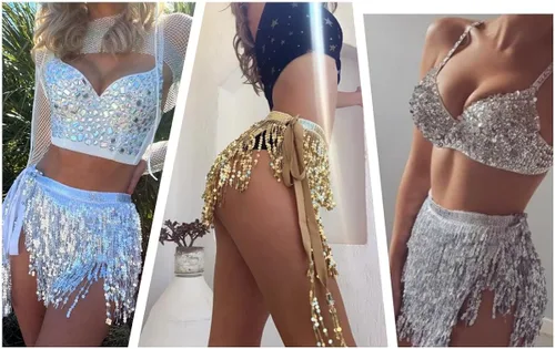Vista 5 de Falda de danza del vientre con lentejuelas brillantes, bufanda bohemia con borlas para mujer, disfraz de rave