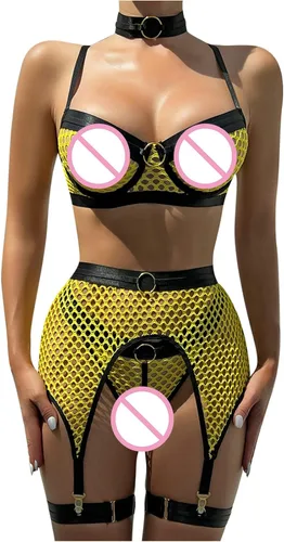 Vista 4 de Women Sexy Lingerie Set with Garter Belt and Choker for Sex Naughty High Waisted Sheer Mesh Fishnet Teddy Babydoll Bodysuit