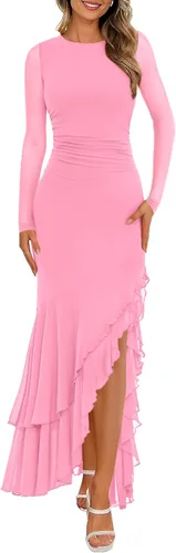 Vista 14 de BTFBM Maxi vestidos de mujer otoño 2026 manga larga vestido de invitada de Café