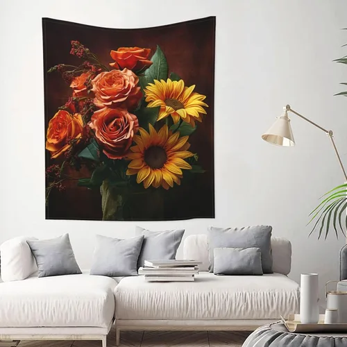 Vista 7 de Dwrepo Tapiz con estampado de girasoles y rosas, colorido y moderno para colgar en la pared, divertidos tapices de pared para decoración del hogar