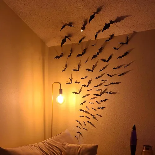 Vista 5 de Decoración de pared de murciélagos, 100 piezas 3D de murciélagos de Halloween, 6 tamaños diferentes de PVC negro adhesivo de murciélago