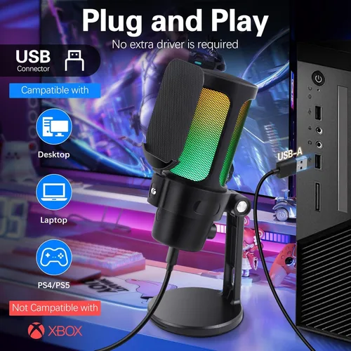 Vista 7 de VCOM Micrófono USB Gaming, Micrófono Dinámico de Condensador para Podcasting, Streaming, con Silenciado Rápido, Soporte de Escritorio, Filtro Pop
