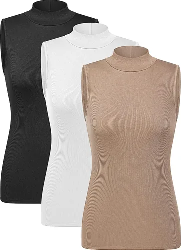 Vista 3 de 3 piezas de camisas sin mangas de cuello alto falso para mujer, camisetas elásticas ajustadas, básicas, ligeras, para capas