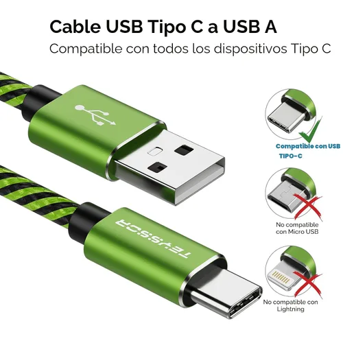Vista 2 de Teyssor Cable USB C de 10 pies, paquete de 5 unidades de nailon trenzado USB A a tipo C, cable de carga rápida compatible con Samsung Galaxy S24 S23