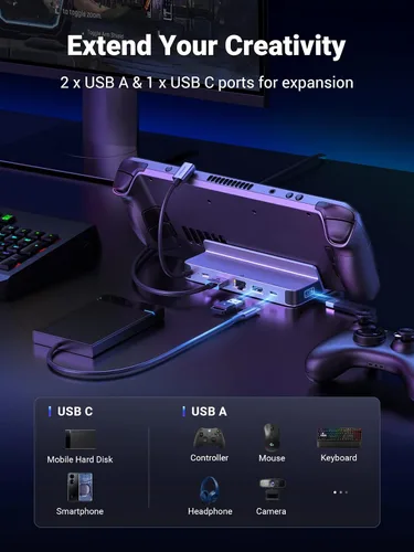 Vista 3 de UGREEN Base de conexión de Steam Deck 6 en 1 USB C con 4K @60Hz HDMI, Gigabit Ethernet, PD 100W carga 1xUSB C 2X USB 3.0 compatible con Steam Deck