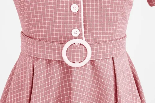 Vista 6 de Wellwits Vestido camisero a cuadros con mangas de murciélago cortas para mujer con bolsillo