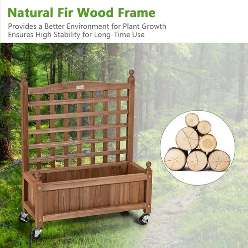 Vista 5 de Giantex Cama elevada móvil para plantas, maceta de madera con enrejado y ruedas, caja de flores para escalada de plantas, jardín vertical