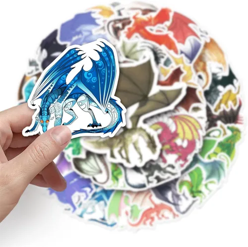 Vista 5 de 50 calcomanías de dragones mágicos, vinilo de dragón de fantasía de Pterosaurio, calcomanías impermeables para botellas de agua, equipaje