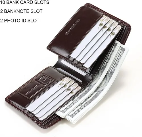 Vista 30 de Billetera de piel triple con bloqueo RFID para hombre con 2 ventanas de identificación, 2 compartimentos para efectivo, 6-8 ranuras para tarjetas