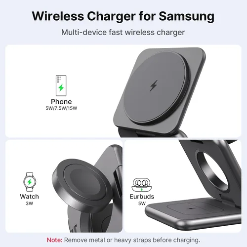Vista 6 de KU XIU Cargador inalámbrico para Samsung, estación de carga inalámbrica plegable de aleación de zinc 3 en 1 para Samsung Galaxy S25 Ultra S24 S23