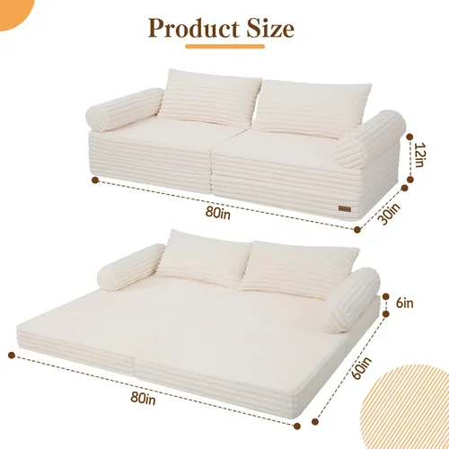 Vista 2 de MeMoreCool Convertible Sofa Bed, Folding Floor Couch with Pillows, Corduroy Pull Out Sleeper Couch Bed Queen, Fold Out Futon for Bedroom, Living