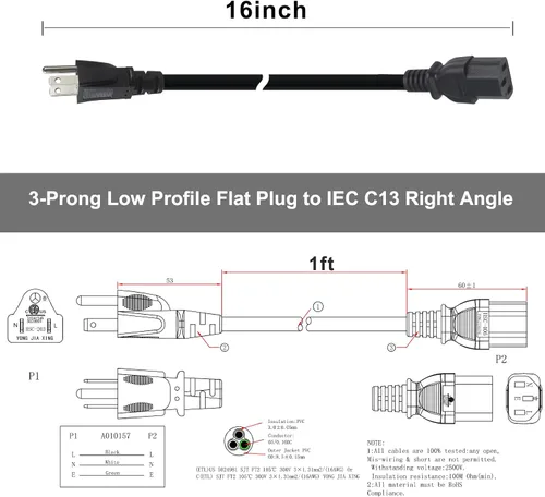 Vista 3 de Cable de alimentación para computadora de 1 pie - 1 paquete de 16 Negro 1 paquete