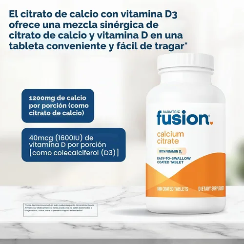 Vista 5 de Bariatric Fusion Citrato de calcio no masticable con tableta de vitamina D3 Suplemento de calcio de 600 mg fácil de tragar con vitamina D