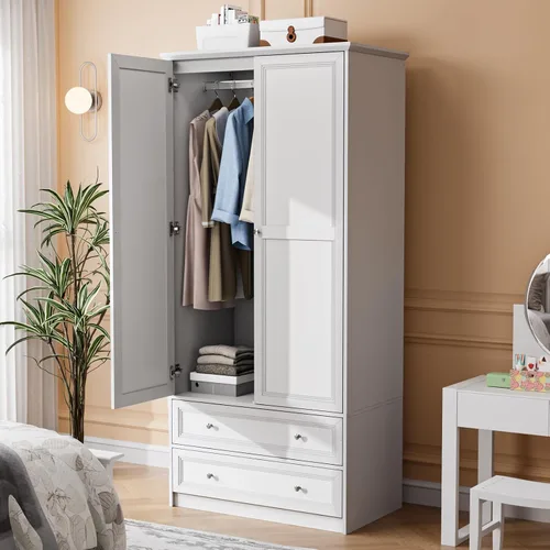 Vista 17 de VINGLI Armario Ropero Acanalado con Puertas y Cajones, Gabinete Armario con Barra para Colgar, Armario de Dormitorio de Madera de Roble, Armario