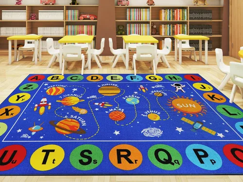 Vista 9 de Capslpad Alfombra de aula con sistema solar, 6.6 x 9.8 pies, antideslizante, con alfabeto ABC, alfombra para niños, alfombra educativa de área