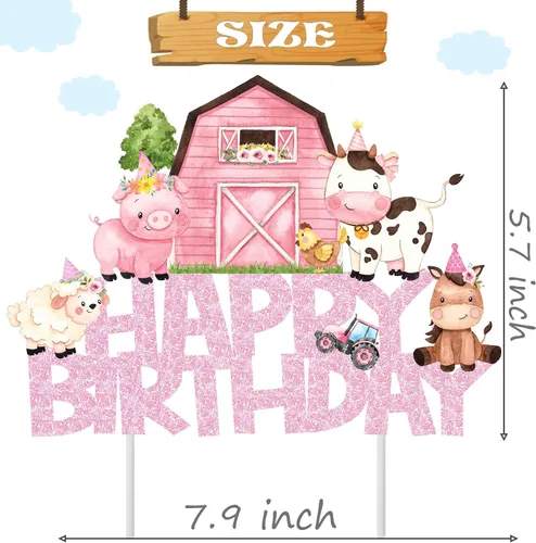 Vista 9 de Decoración rosa para tartas de animales de granja, animales de granja, decoración de fiesta de cumpleaños, decoración de pastel de cumpleaños
