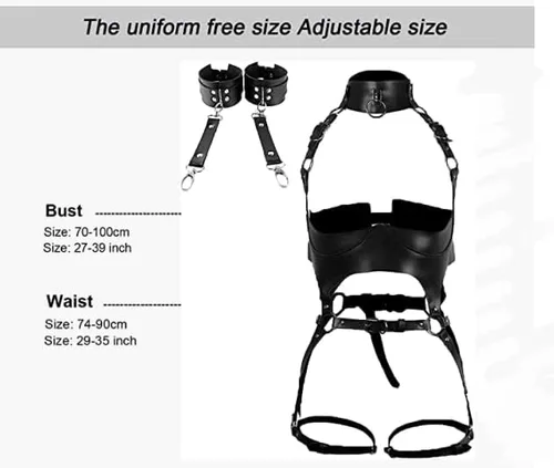 Vista 4 de Cinturón de cuerpo de cuero punk, tirantes de lencería gótica, liguero gótico, accesorios de cadena para el cuerpo para mujeres y niñas, Negro