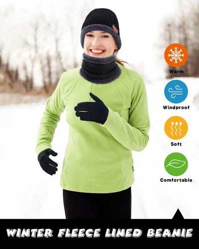 Vista 6 de 8 piezas de gorro de invierno, bufanda, guantes de pantalla táctil y juego de calcetines de punto holgado, gorro de calavera con forro polar