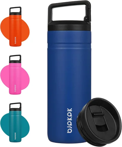 Vista 10 de BJPKPK - Botella de agua aislada con 2 tapas, vaso/taza de viaje de acero inoxidable de 20 onzas con aislamiento al vacío de doble pared, taza