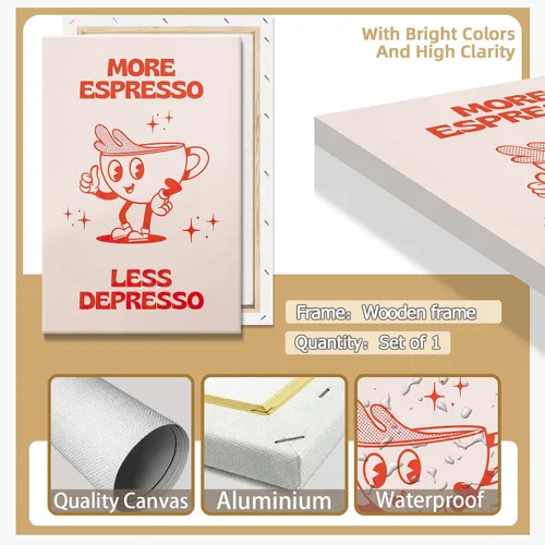 Vista 7 de Póster retro con texto en inglés «More Espresso Less Depresso», bonita taza de café de dibujos animados, citas rojas, arte de pared, divertido