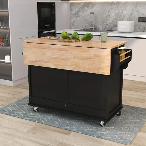 Vista 9 de Olela Carrito de isla de cocina con hojas colgantes de madera, mesa de cocina rodante con armario de almacenamiento y toallero, estante ajustable