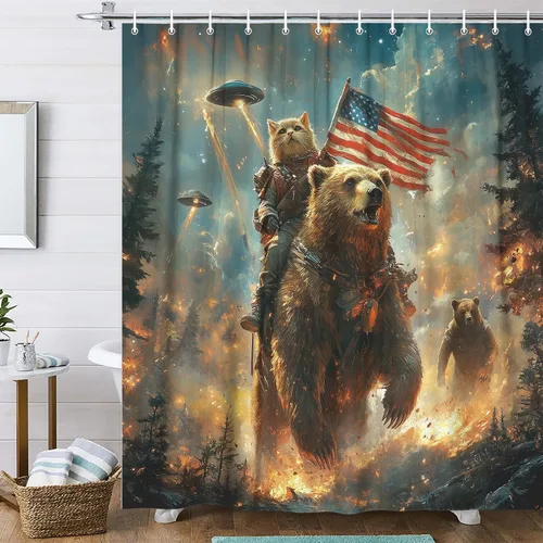 Vista 10 de Divertida cortina de ducha con diseño de gato con gorila en la selva, decoración de baño de animales humorísticos en blanco y negro, juego