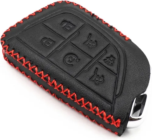 Vista 4 de Funda de cuero con 6 botones para llavero inteligente Cadillac Escalade CT5 CT6 CTS XT6 2021 2022 2023 (negro)