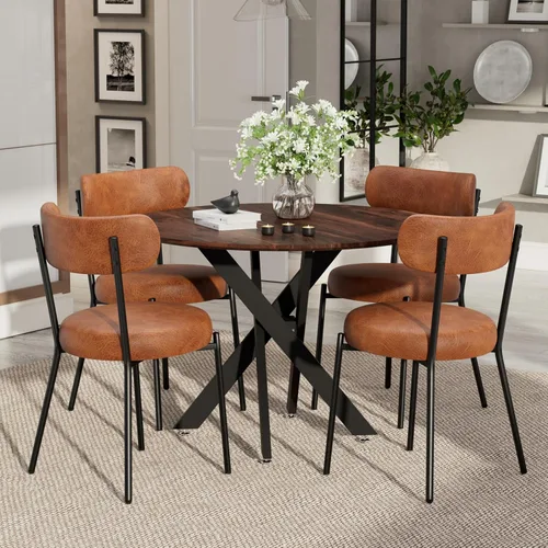 Vista 15 de Moderno juego de mesa de comedor redonda de 3 piezas, mesa de MDF circular negra y 2 sillas de comedor negras Boucle, muebles de cocina con marco