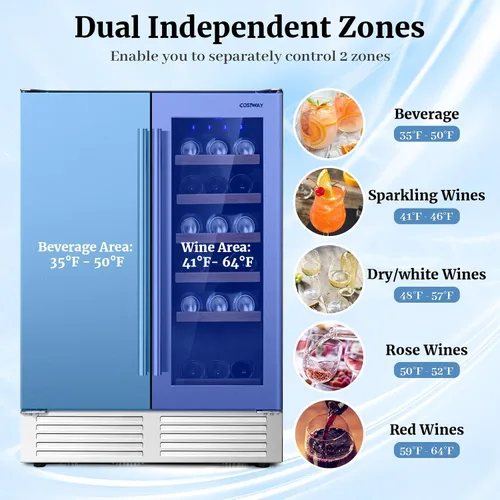 Vista 4 de COSTWAY Refrigerador de vino y bebidas, enfriador de bebidas de doble zona de 24 pulgadas con cerradura, puerta de acero inoxidable, refrigerador