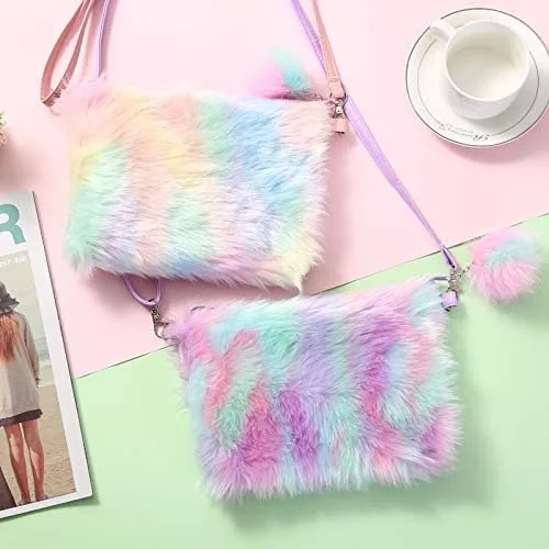 Vista 5 de Bolso esponjoso de peluche para mujer, niña, color arcoíris