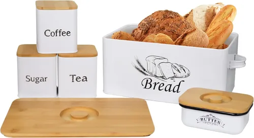 Vista 12 de SOTECH Caja de Pan con 3 Frascos Café Azúcar Té para Encimera de Cocina Caja de Pan de Metal Blanco con Tapa de Tablero de Bambú Conjunto