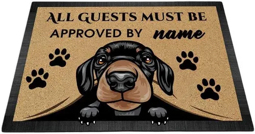 Vista 27 de Tapete personalizado con nombre de perro que mira al perro Cocker Spaniel, todos los invitados deben ser aprobados por alfombras para decoración